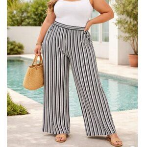 Robert Louis Women's Black White Striped Wide Leg Pants Size 3X Pull On NEW